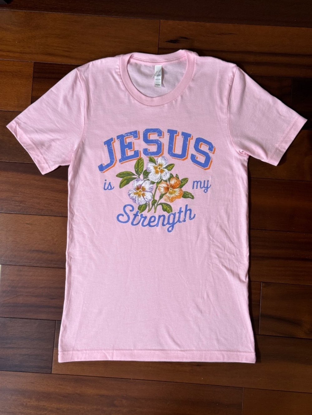 PINK CREW NECK T-SHIRT WITH "JESUS IS MY STRENGTH" GRAPHIC - NWOT - Picture 9 of 13